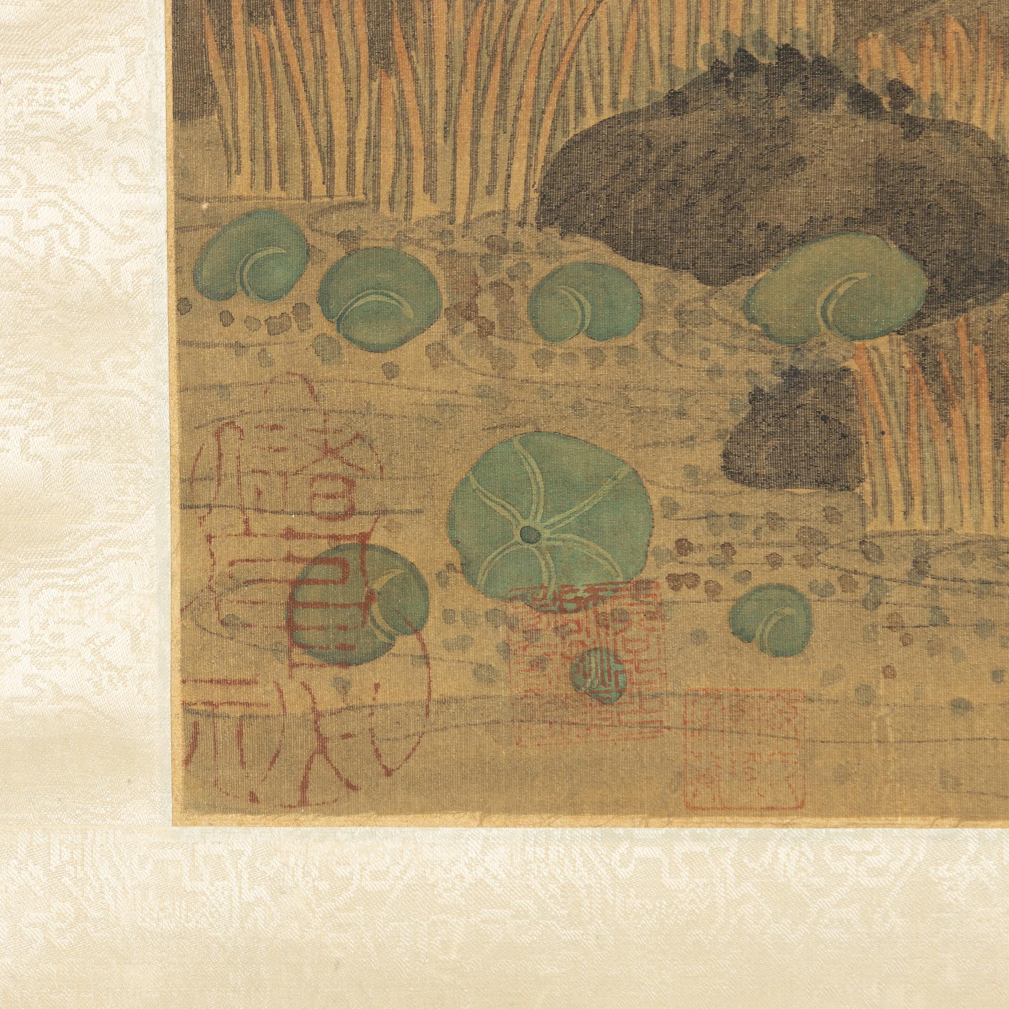 A Chinese scroll painting by unidentified master, four ducks resting by a blooming pond, 20th century.