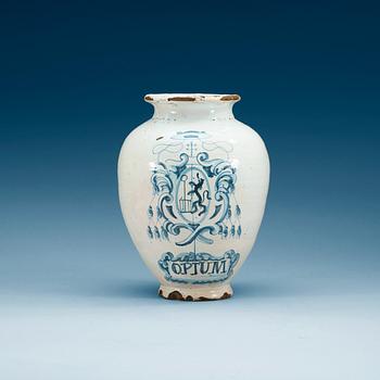 711. An armorial faience 'Opium' pharmaceutical-jar, 18th Century.