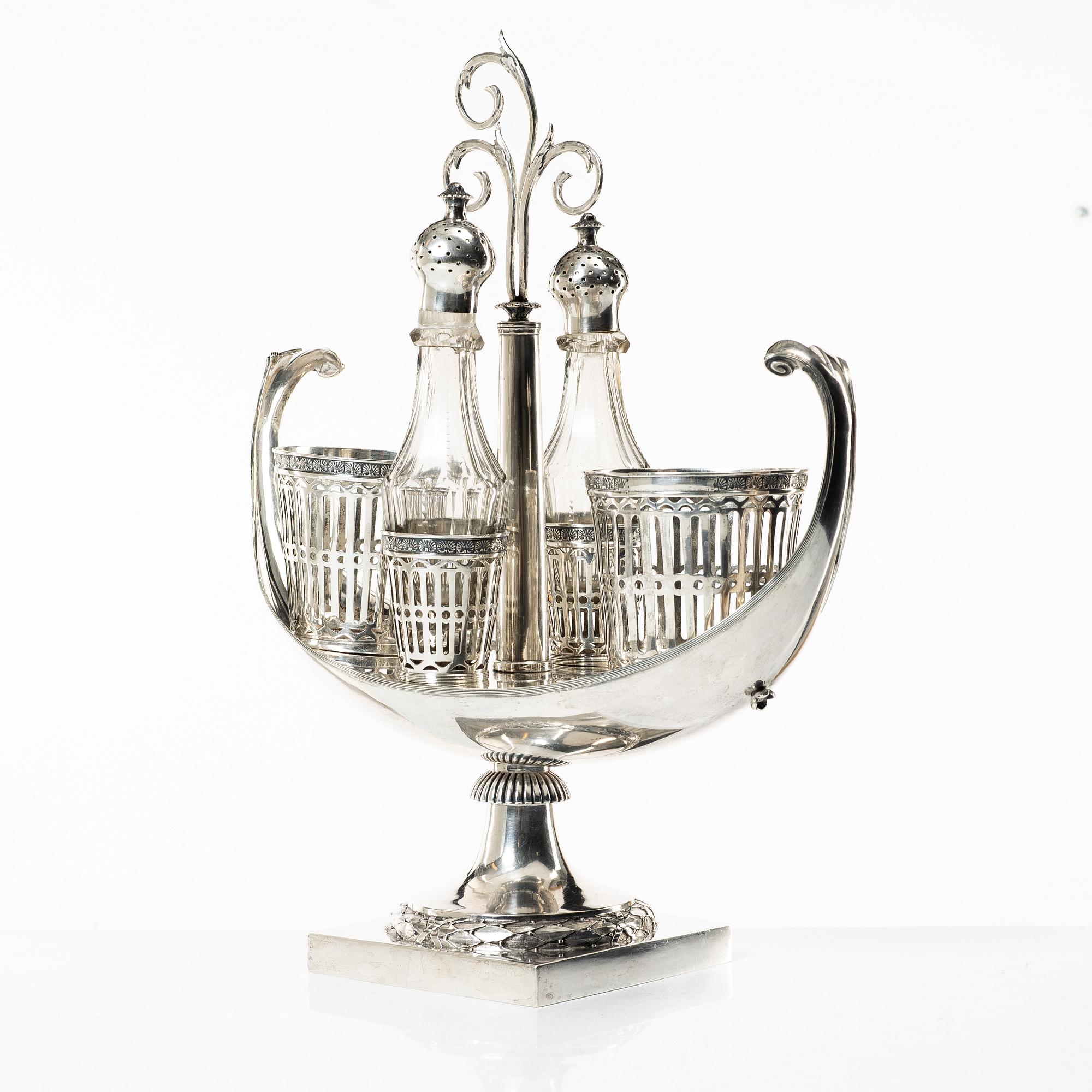 A Swedish late Gustavian silver and glass cruet-set, mark of Pehr Zethelius, Stockholm 1798.