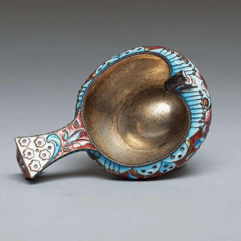 A Russian 20th century silver-gilt and enamel kovsh, unidentified makers mark, Moscow 1908-1917.