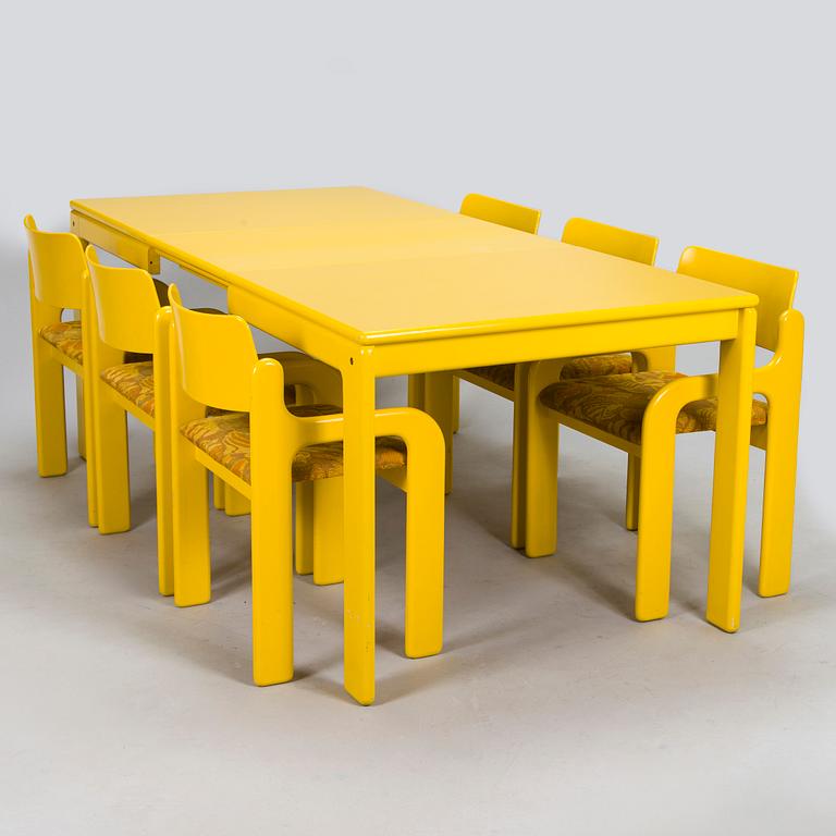 Eero Aarnio, A 1970's dinner table and six chairs "Flamingo" by Asko.