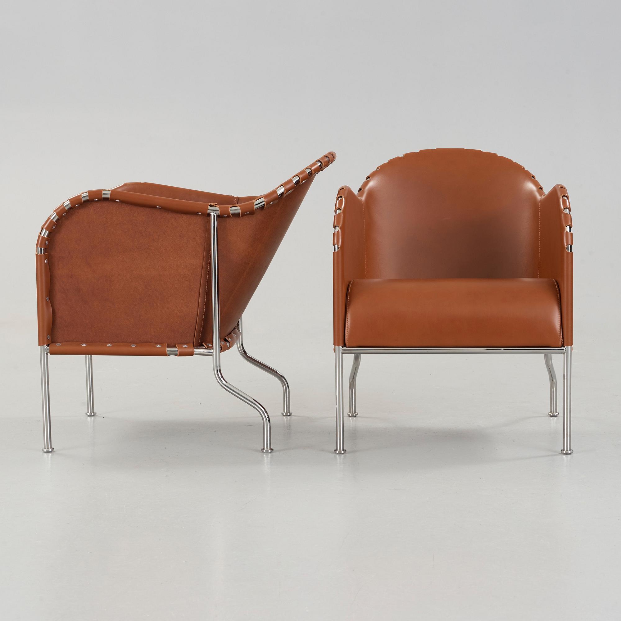 Mats Theselius, A pair of 'Bruno' brown leather and steel easy chairs, Källemo, Sweden.