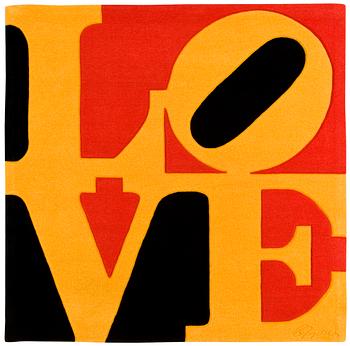 Robert Indiana, Signed R Indiana and numbered 139/300 on label verso and signed R Indiana in the carpet. Hand tufted carpet 183 x 183 cm.