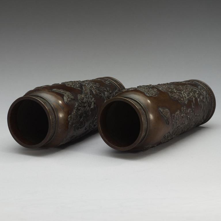 A pair of Japanese bronze vases, Meiji (1868-1912).