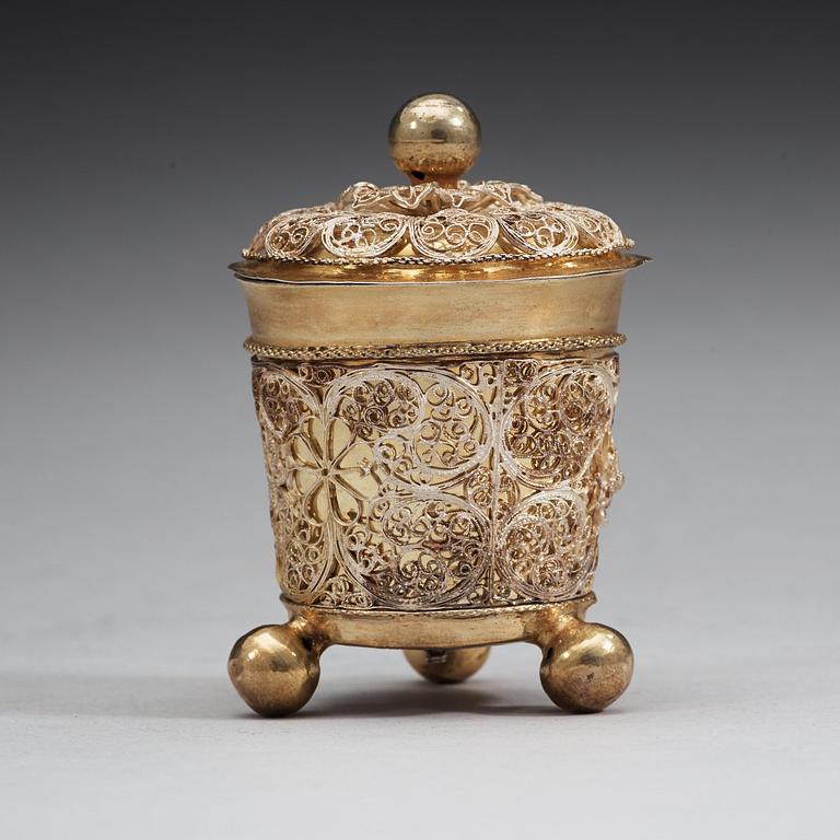 A Swedish 17th century parcel-gilt filigree-beaker and cover, unmarked.