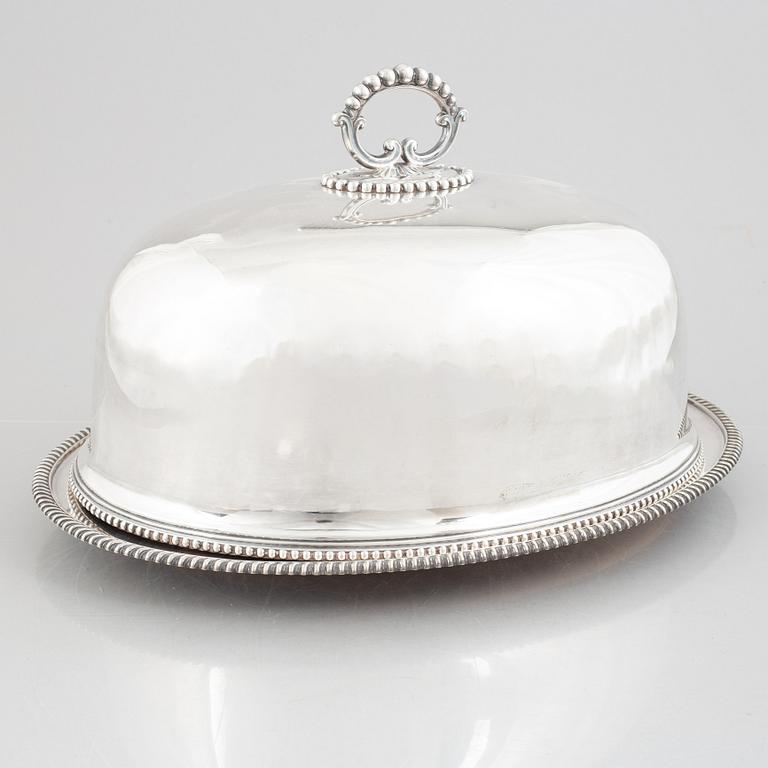 A silver plate food dome cover, Atkin Brothers, Sheffield, England, and a dish, circa 1900.