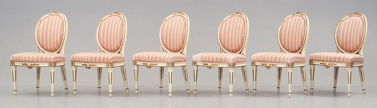 Six Gustavian late 18th century chairs.