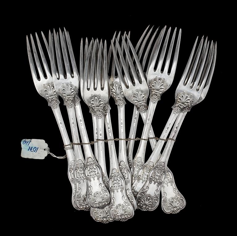 MATGAFFLAR, 12 st, silver, "Engelsk snäck", Adolf Zethelius, Stockholm, 1837-38. Ca 970 g.