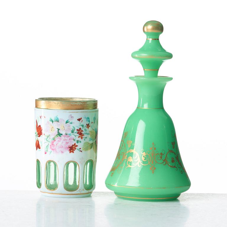 A green bottle with stopper and a beaker glass, Russia, 19th Century.