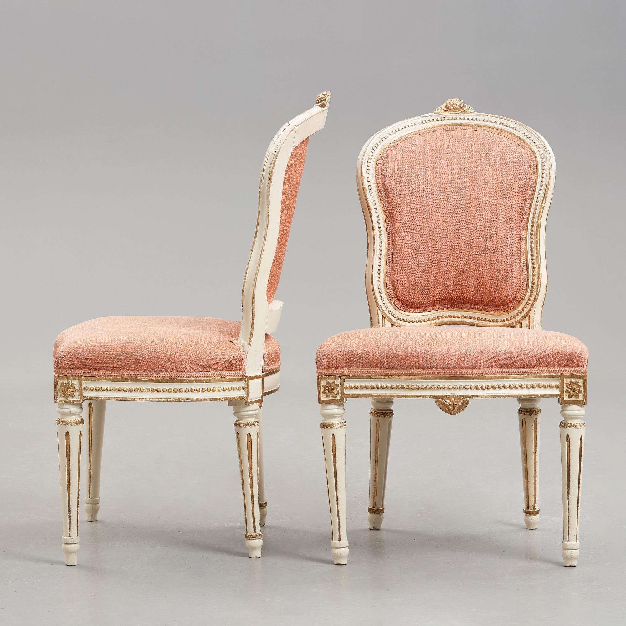 Stolar, ett par, tillskrivna Jacob Malmsten (mästare i Stockholm 1780-1788), gustavianska.