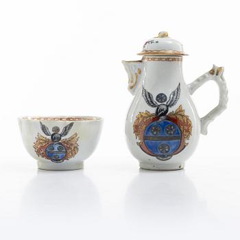 A jug, a ladle dish and a cup, all with the noble family Du Rées coat of arms, Qing dynasty, Qianlong (1736-95).