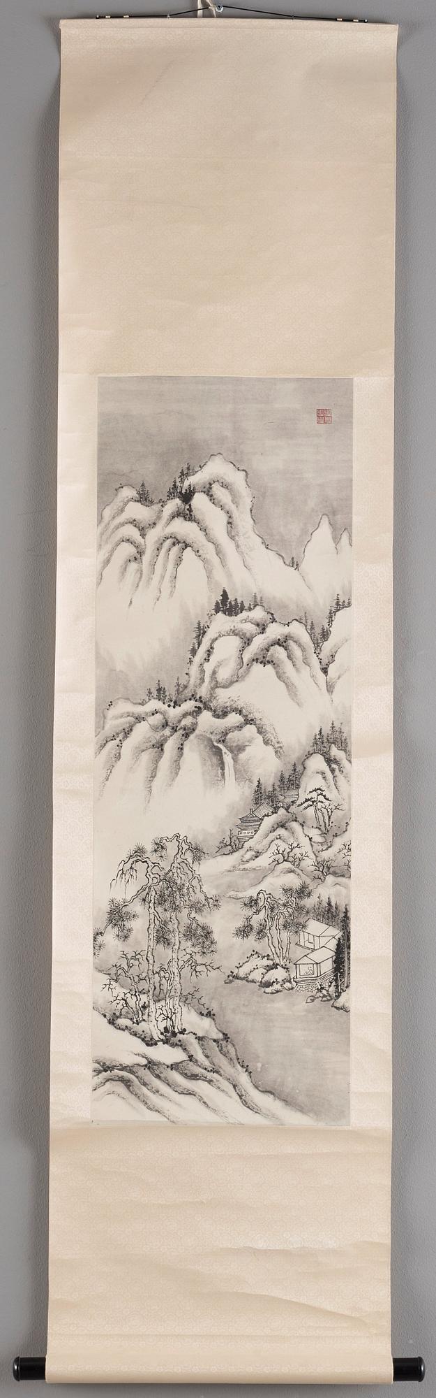 A hanging scroll o a landscape with buildings and a figure, by an unknown artist (Zhang Daye), 20th Century.