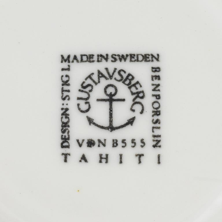 Stig Lindberg, 6 st kaffekoppar med 1 fat, benporslin, "Tahiti", Gustavsberg, 1970-tal.