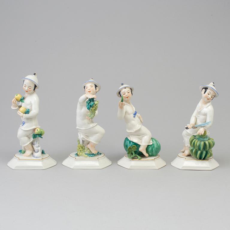 A group of four German figurines of Japanese women with fruit, Swarzburger Werstättet, Unterweissbach, Germany, 1930's.