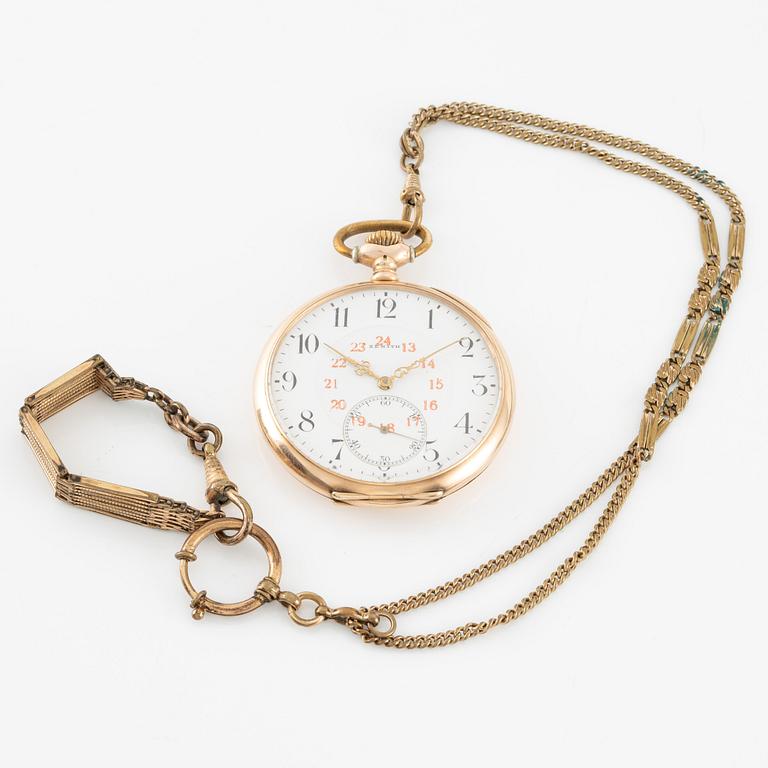 Zenith, Pocket watch, 14K gold with a chain in double, 51 mm.