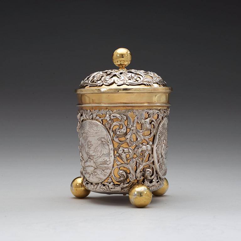 A German 18th century parcel-gilt beaker and cover, marks possibly of Antoni II Grill, Augsburg (1720-1734).