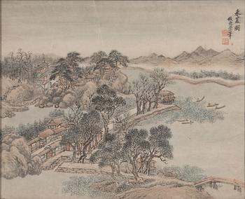 Three paintings, ink and colour on paper, 2 signed Wang hui, after, his school, circa 1900.