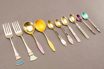 A 20th century set of 45 pcs of different silver and enamel cutlery total weight approx 432 gr.