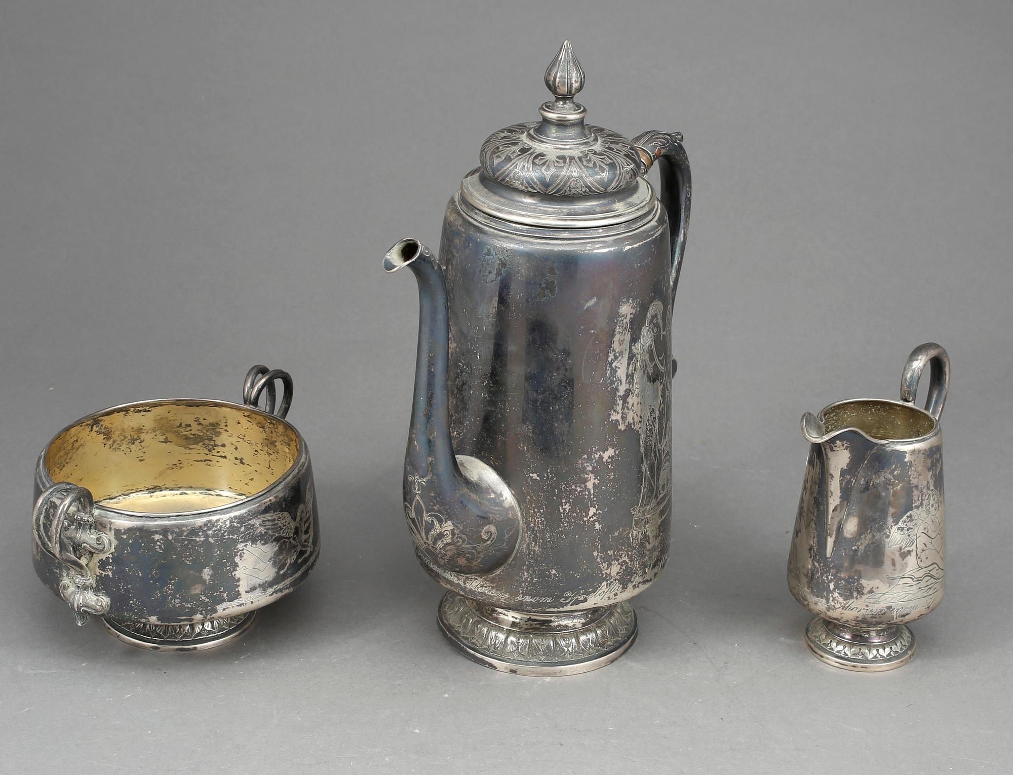 KAFFESERVIS, 3 delar, silver, Gustav Dahlgren, Malmö, 1871. Total vikt ca 990 gram.
