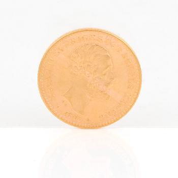GULDMYNT, 10 kronor, Oscar II av Sverige och Norge 1895. Vikt ca 4,5 gram.
