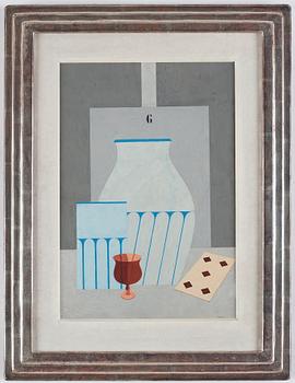 Otto G Carlsund, Still life with glass, vases and playing cards.