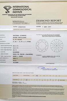 Brilliant-cut diamond 0,70 ct G VVS2, IGI certificate F2E25268, 1997.