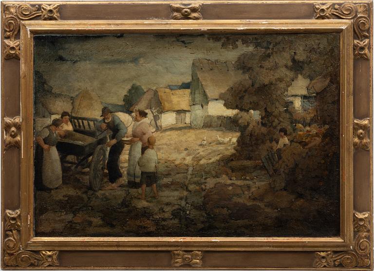 Gottfrid Olsson, Village scene with figures and cart.