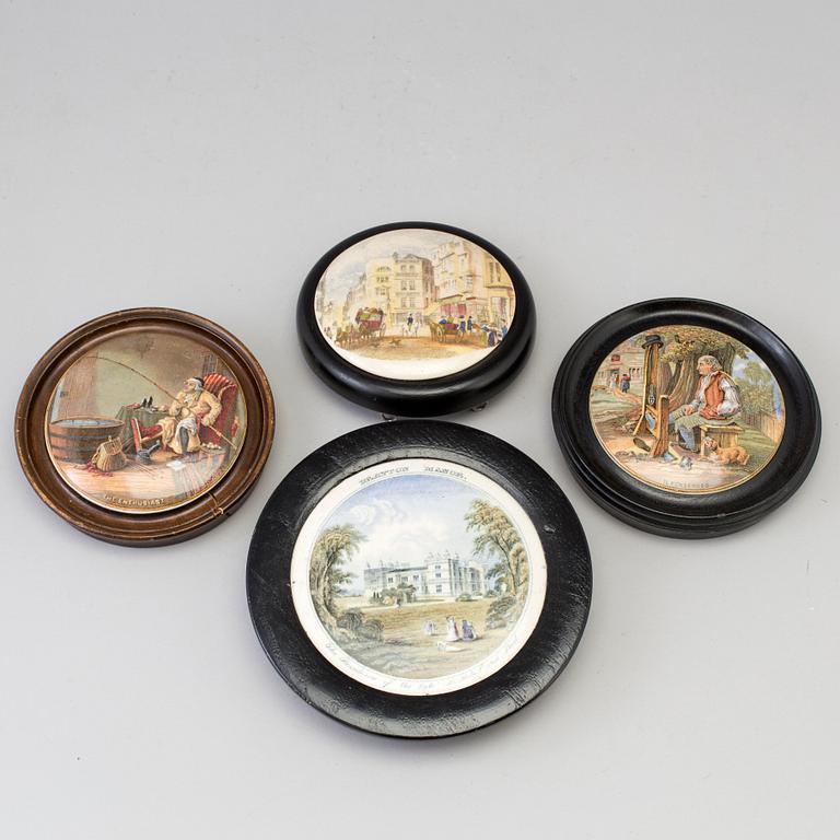 FOUR 19TH CENTURY ENGLISH PORCELAIN POTS LIDS.