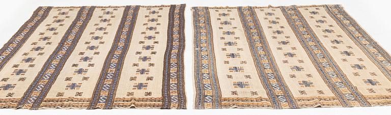 Märta Måås-Fjetterström, two drapes, "Blå essbård" (also called S-bård), flat weave, approximately 245-54 x 152-160 cm, signed MMF.