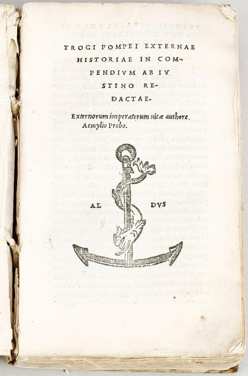 BOK, "Trogi Pompei Externae Historiae in Compendium ab iustino redactae" av Justinus Marcus Junianus, Venedig 1522.