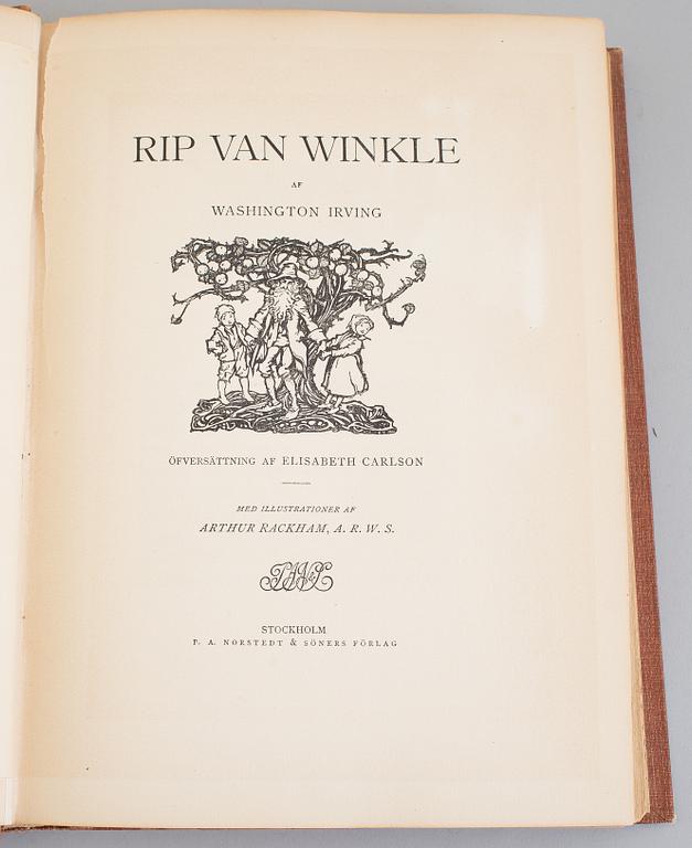 BOK, "Rip van Winkle", Washington Irving. Med egenhändig tillskrift och datum 1907 av John Bauer till dennes fru Esther.