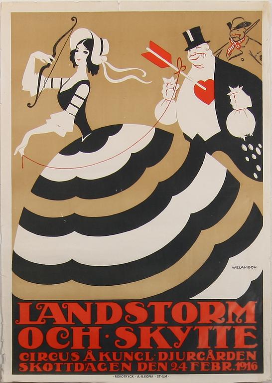 AFFISCH, tryck, "Landstorm och skytte", sign Welamson i trycket, Stockholm 1916.