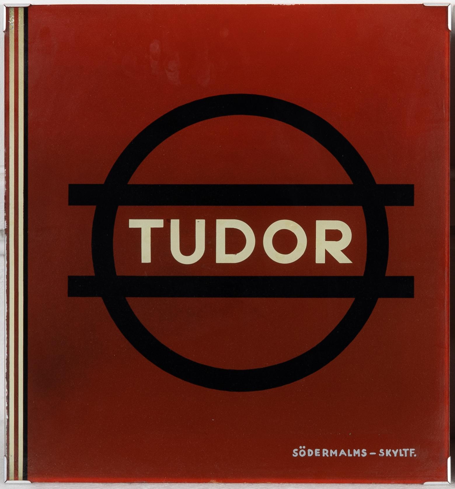 Three handpainted glass advertising signs, 'Tudor', Södermalms skyltfabrik, 1940's.