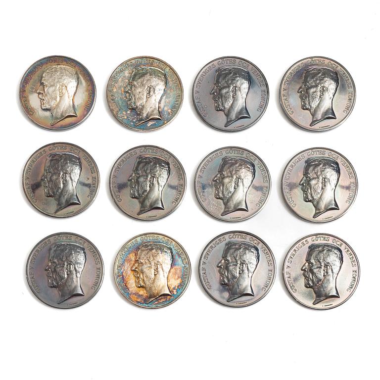 Twelve silver medals, Kungliga Myntverket, Sweden, early 20th century.