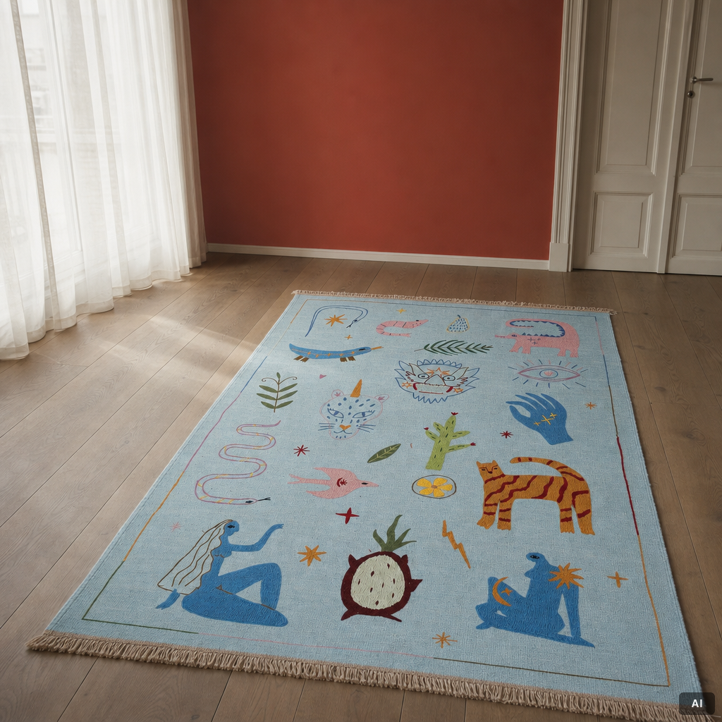 A hand-embroidered kelim rug, c. 189 x 126 cm.