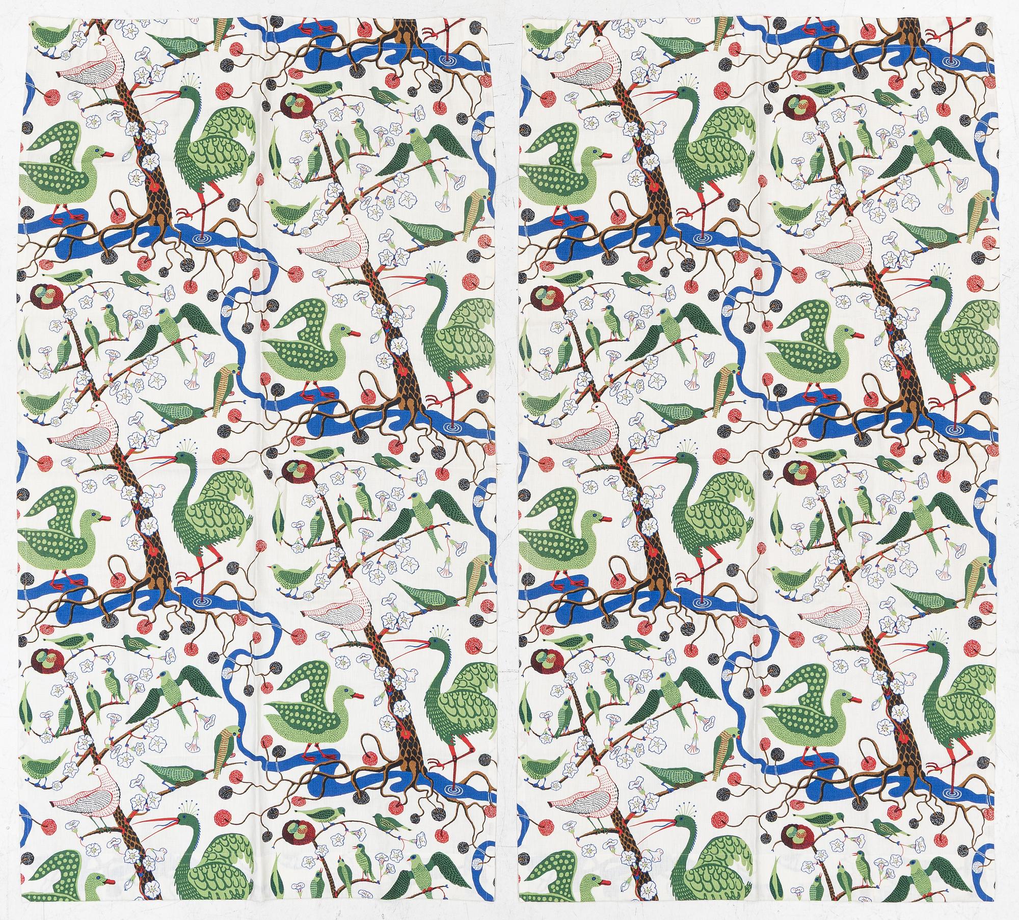 Josef Frank, a pair of curtains, 'Gröna Fåglar', Firma Svenskt Tenn.