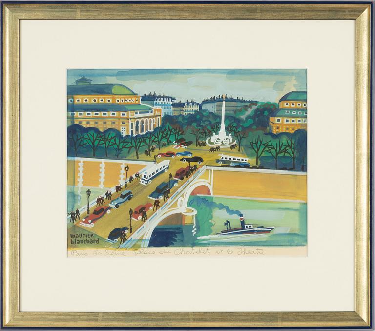 Maurice Blanchard,  "Paris, La Seine, Place du Chatelet et le Theatre".