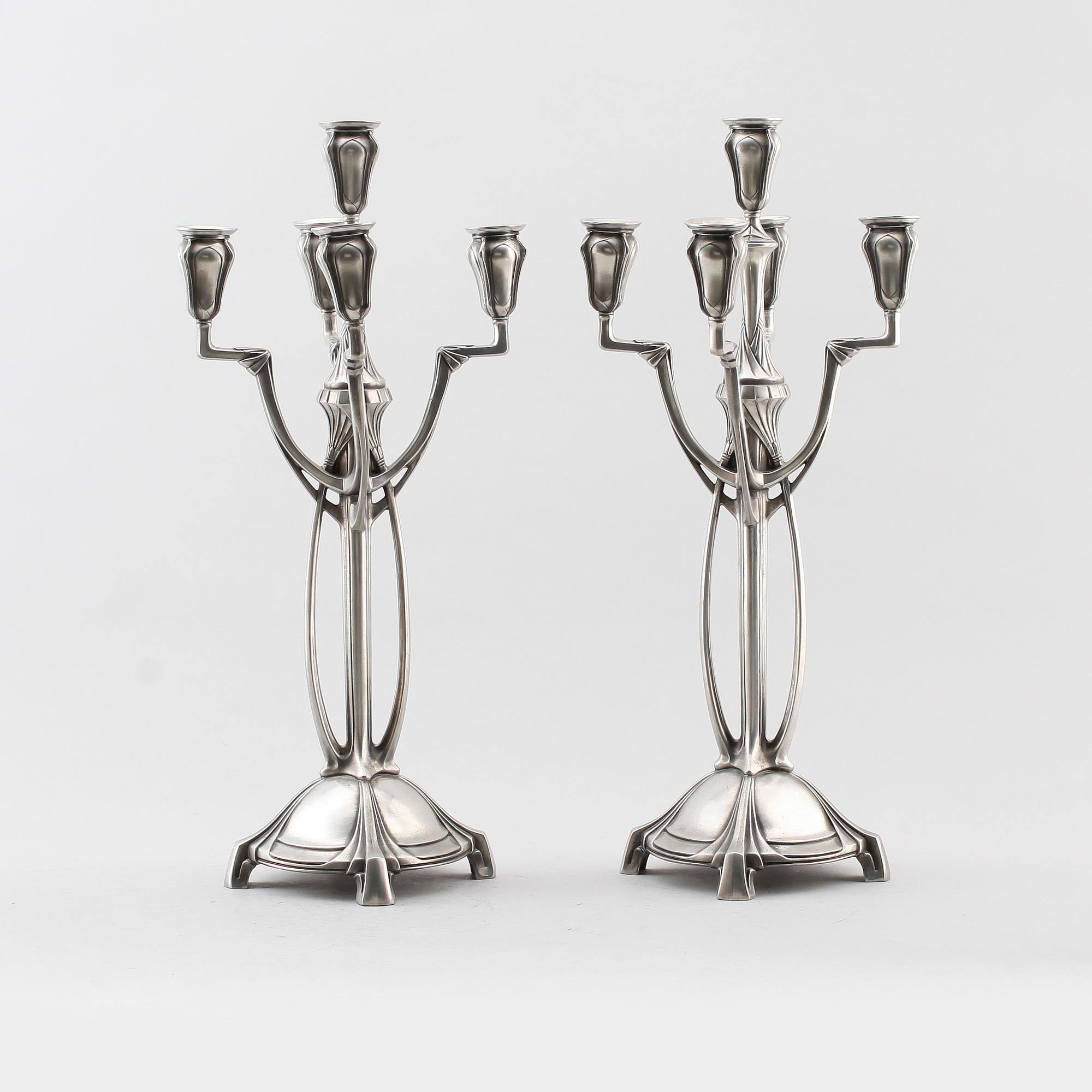 KANDELABRAR, 1 par, vitmetall, art nouveau stil, Achille Gamba.