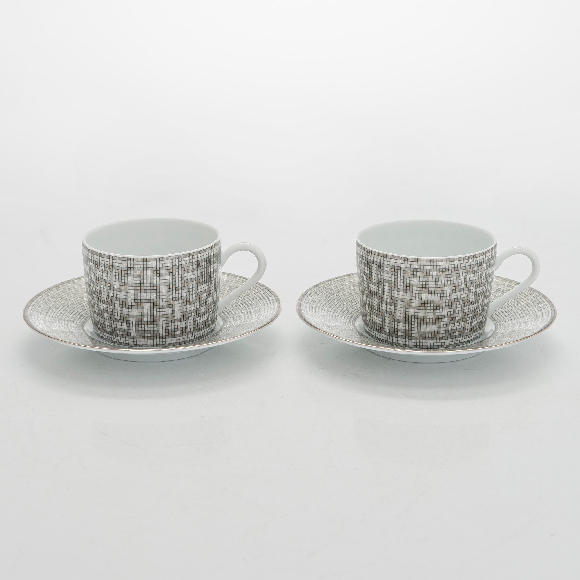 Hermès, cups with saucers, a pair, "Mosaique au 24".