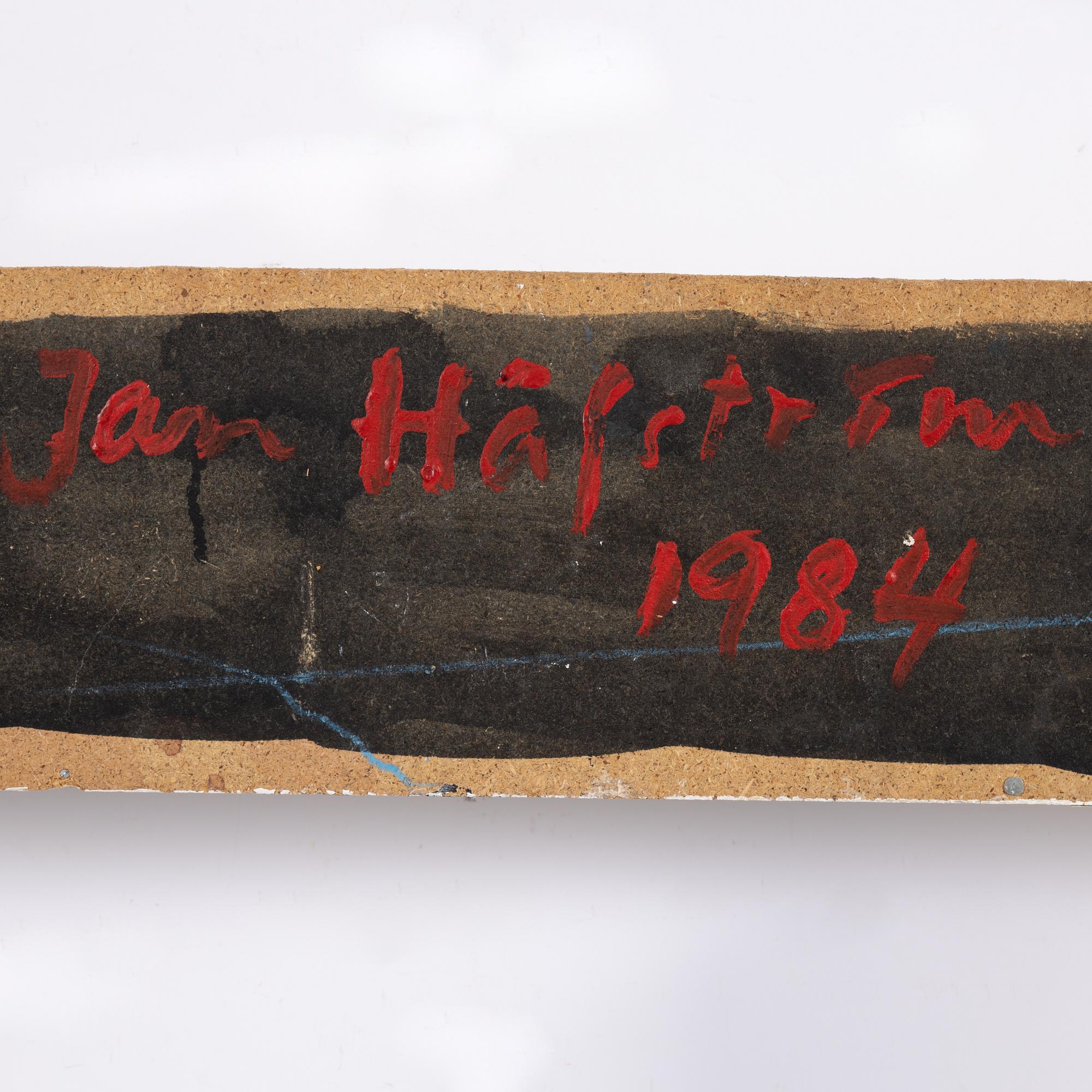 Jan Håfström, signerad och daterad 1984 a tergo. Akryl på tyg, ståltråd och trä.