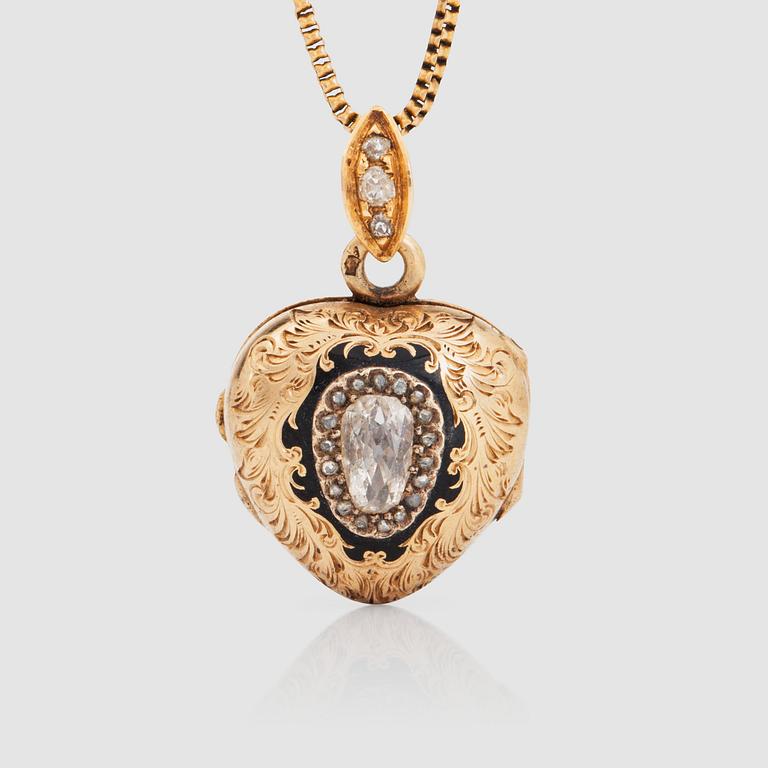 COLLIER/MEDALJONG med rosenslipade diamanter samt svart emalj.