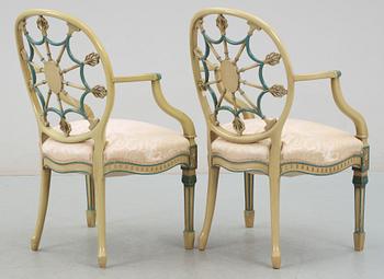 KARMSTOLAR, ett par, Hepplewhite typ, England, 1900-talets första hälft.