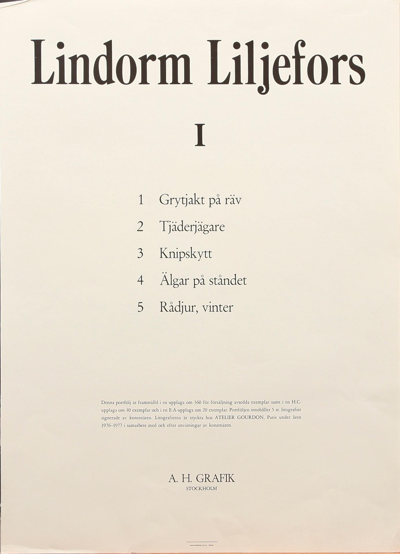 LINDORM LILJEFORS, mapp med 5 färglitografier, sign o numr.