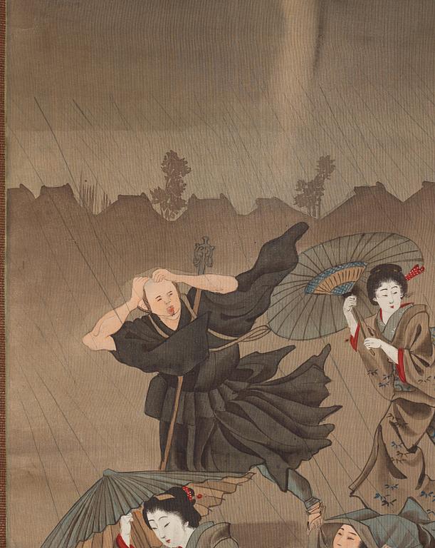 RULLMÅLNINGAR, sex stycken, tusch och färg på papper. Japan, Meiji (1868-1912).