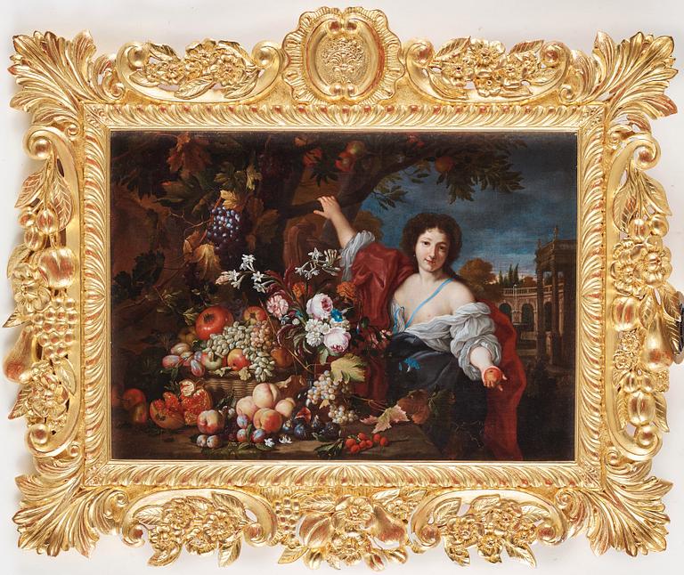 Abraham Brueghel & Guillaume Courtois Attributed to, Allegorical woman figure with flowers and fruits.