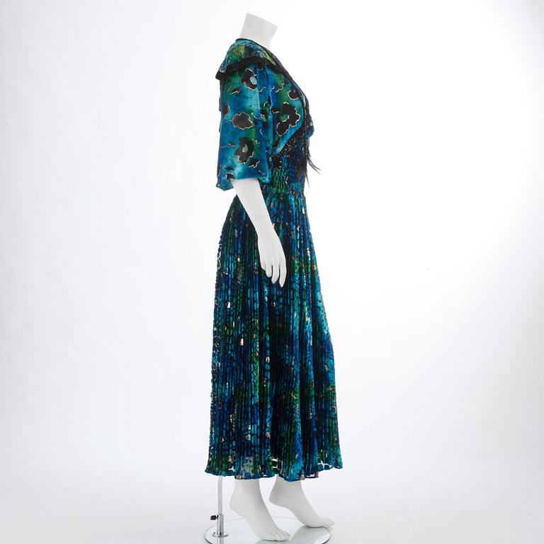 YVES SAINT LAURENT, a blue and green velvet dress.