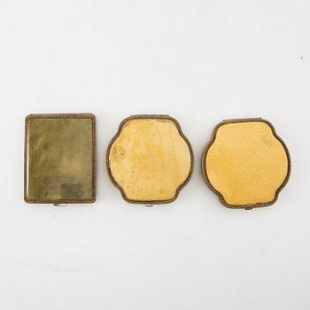 Powder boxes, a pair, and a cigarette case, early 20th century.