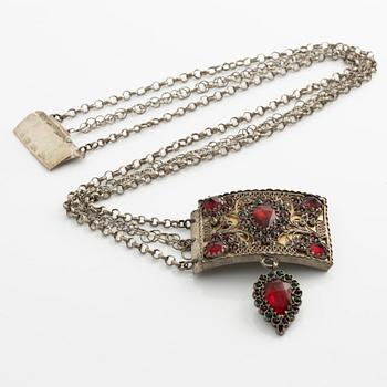 Necklace, folk style, silver, with glass stones.