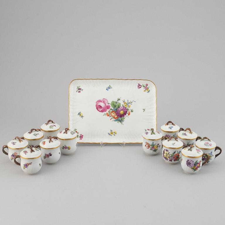Twelve cream cups with tray, 'Saxon flowers' from Royal Copenhagen.