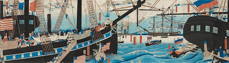 A pentatych by Utagawa Sadahide (1807-1873), woodblock in colours, "Yokohama koeki seiyojin kamotsu unso no zu".